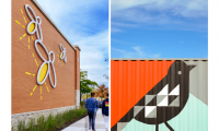 Continuing with the “Maryland Nature” inspired concept, a cluster of three fireflies arise from the grass. A Baltimore Raven and Baltimore Oriole painted on a storage container at the site. Photo credit: Vivian Marie Doering